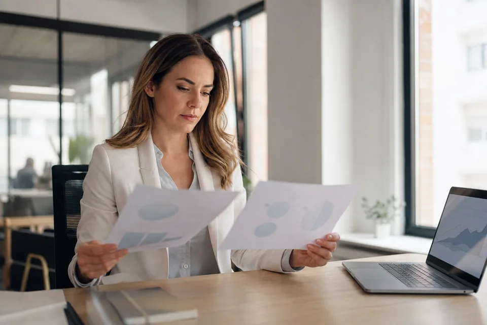 Analyst comparing two printed vendor proposals at a desk with a laptop chart beside them