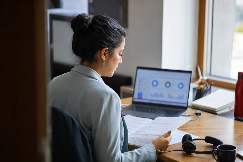 Customer care operations lead reviewing a printed software renewal contract beside a laptop dashboard